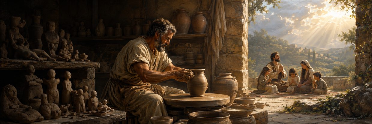 A potter shapes useful vessels as lifeless clay figurines sit aside and a family gathers prayerfully in open light